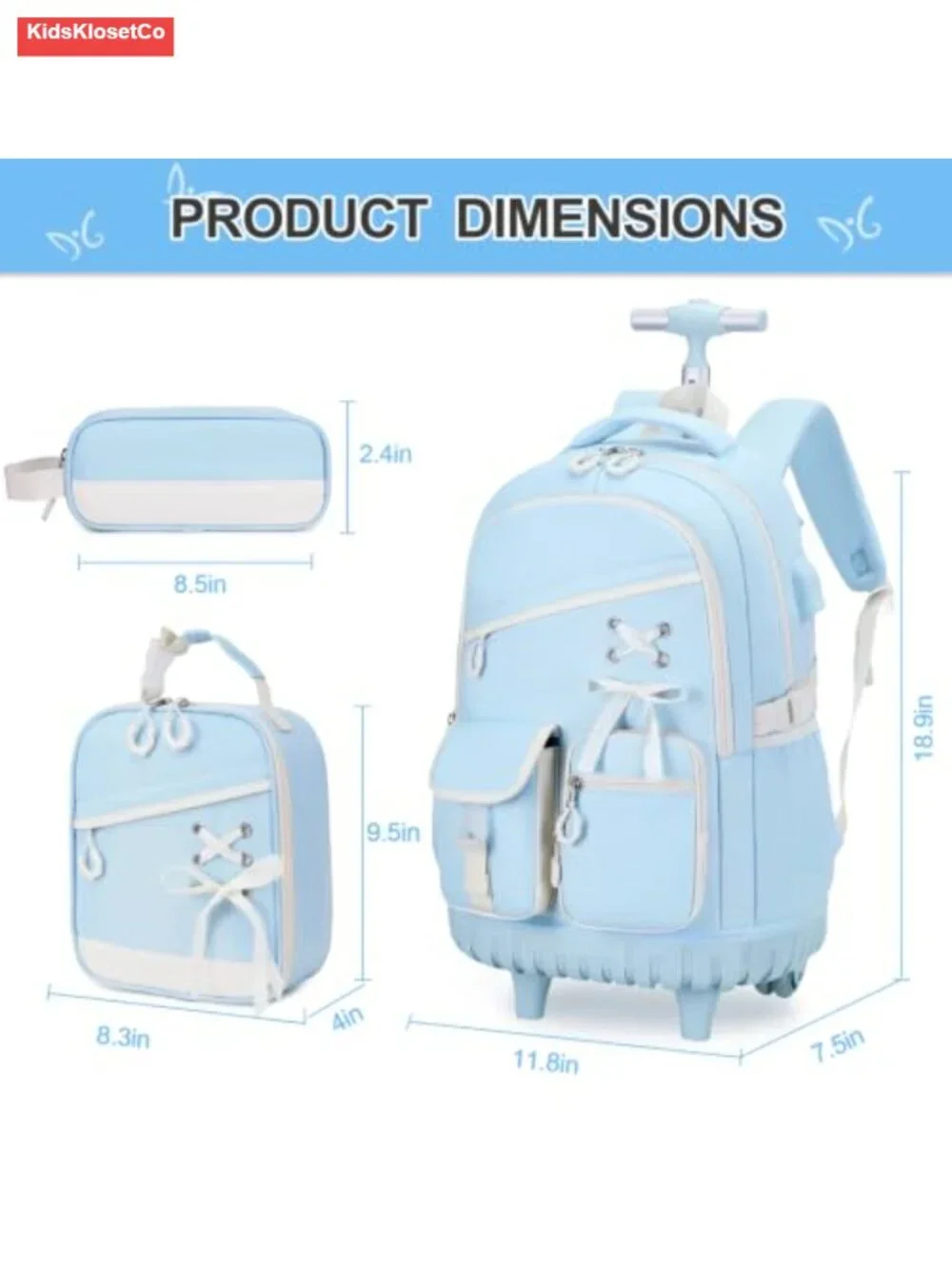 Rolling Backpack for Girls with Lunch Bag & Pencil Case – School Travel Wheeled